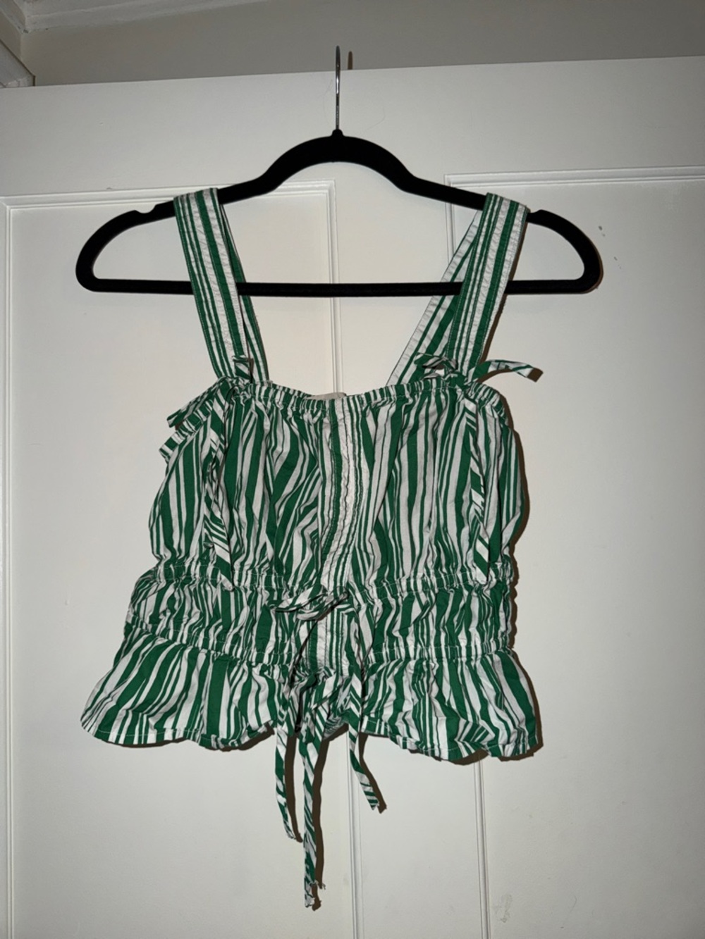 LOFT Green and White Striped Smocked Camisole